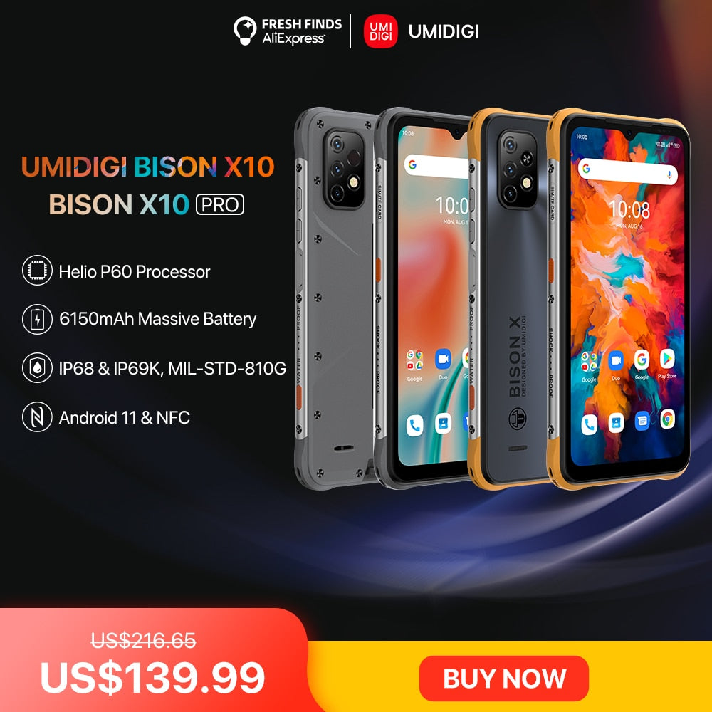 UMIDIGI BISON X10 64GB/128GB NFC Android teléfono inteligente resistente IP68 IP69K 20MP Triple cámara 6150mAh teléfono móvil