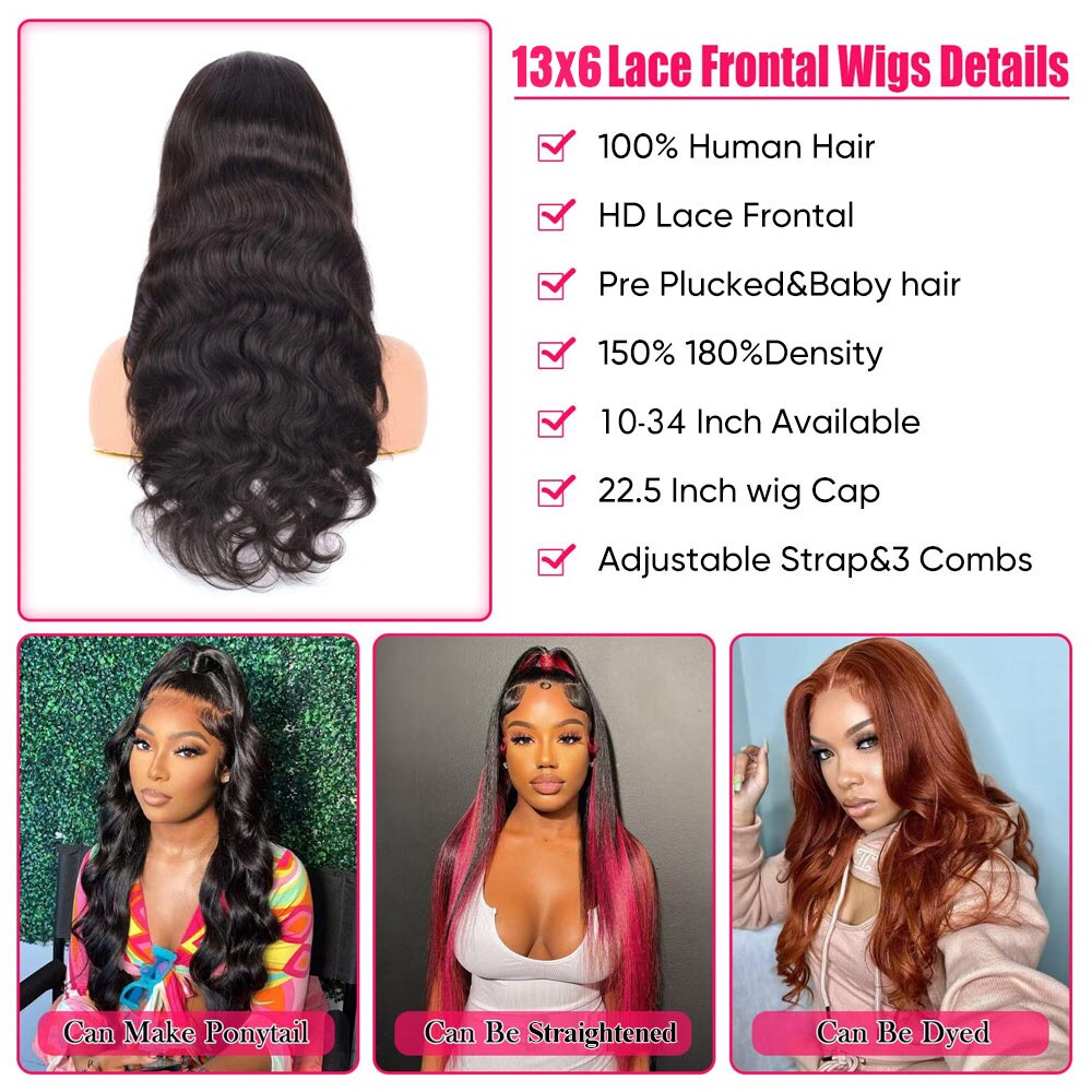 30”32”34”13x6 HD Lace Front Human Hair Wigs 150% 180% Body Wave Pre Plucked Transparent Lace Frontal  Perruque Cheveux Humain