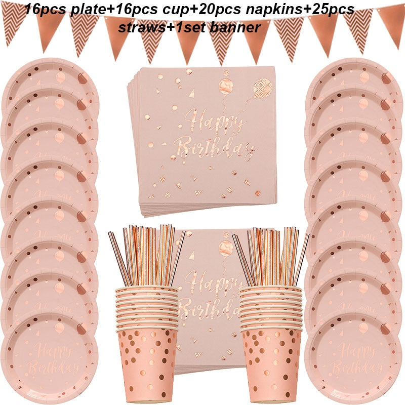 78 unids/set de vajilla desechable para fiesta de oro rosa, platos y vasos de oro rosa, pajitas, decoración para fiesta de cumpleaños para adultos, suministros para despedida de soltera