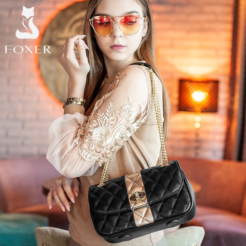 FOXER, bolso de hombro tipo bandolera para mujer, bolso de mano con entramado de diamantes, bolso de mujer, bolso de mensajero con correa de cadena de cuero dividido, regalo del Día de San Valentín