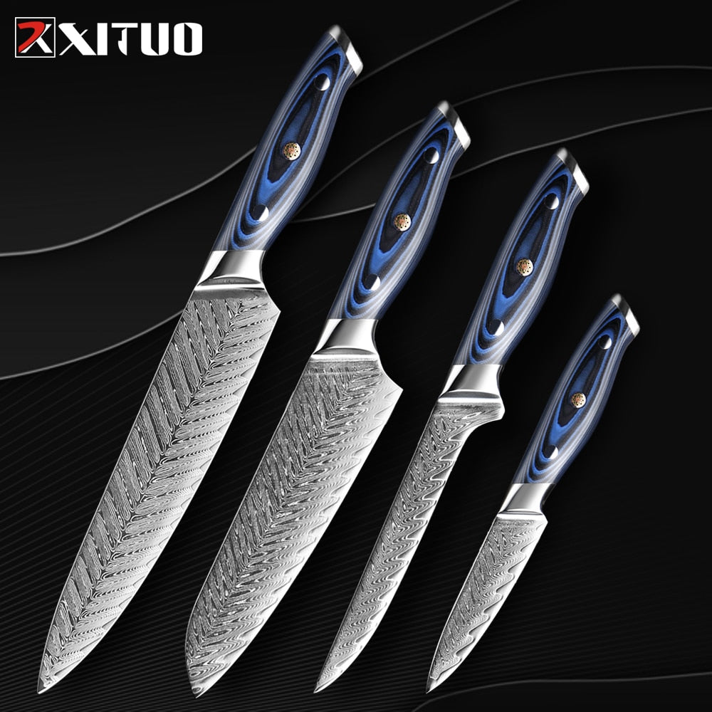 Damascus Chef Knife Professional  Sankotu Cleaver Boning set of 4 Gyuto Kitchen Knife Cooking Tool Exquisite Plum Rivet Handle