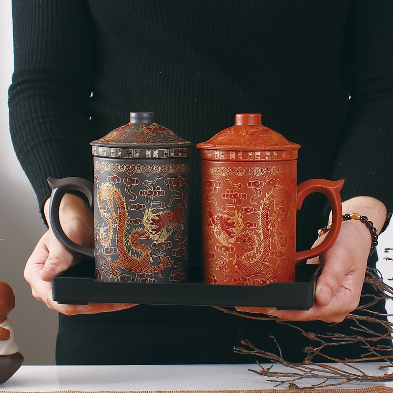 Taza de té tradicional de arcilla púrpura con dragón, colador de tapa, taza de té Retro hecha a mano Yixing, taza de té Zisha, vaso de regalo