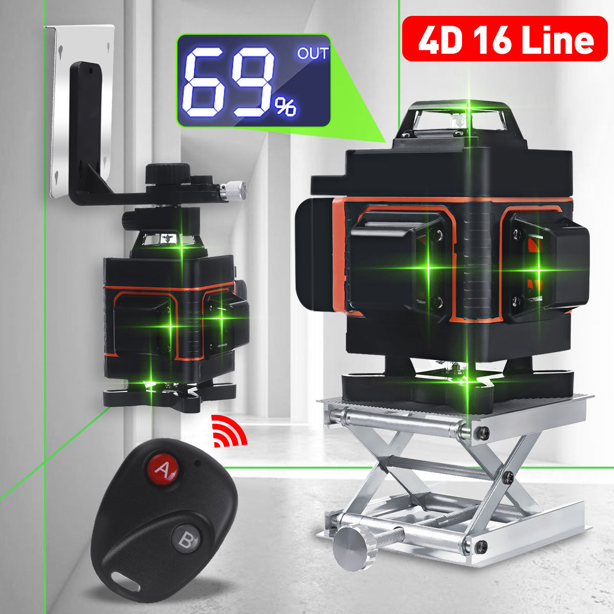 Nivel láser 16/12 líneas 4D luz verde pantalla LED nivelación automática niveles láser 360 ° Cruz Vertical Horizontal Control remoto