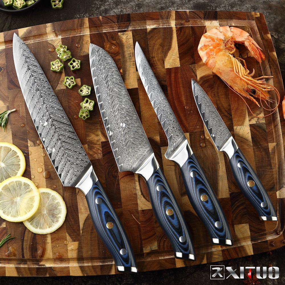 Damascus Chef Knife Professional  Sankotu Cleaver Boning set of 4 Gyuto Kitchen Knife Cooking Tool Exquisite Plum Rivet Handle