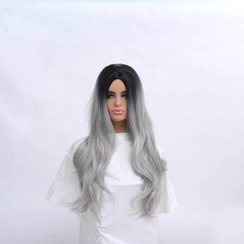 WHIMSICAL W Synthetic Long Wavy Ombre Wigs Black Gray Synthetic Wig For Women Party Cosplay Heat Resistant Hair