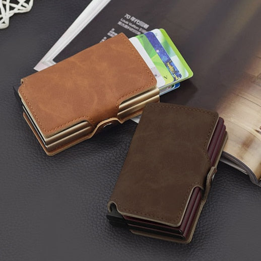 Casekey  Anti-theft Men Wallet double Aluminum Leather Credit Card Holder RFID Metal Wallet Automatic Pop Up Purse ID Cardholder