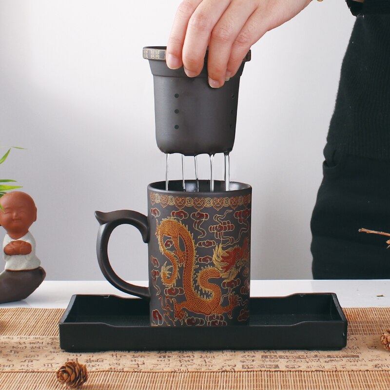 Taza de té tradicional de arcilla púrpura con dragón, colador de tapa, taza de té Retro hecha a mano Yixing, taza de té Zisha, vaso de regalo