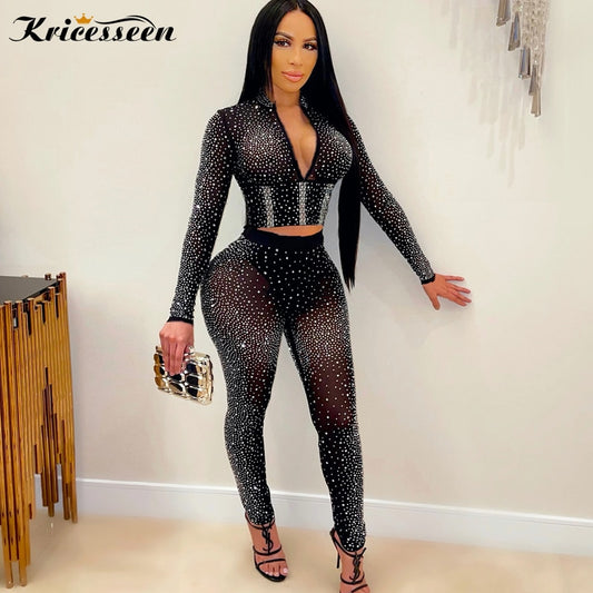 Kricesseen-Conjunto de pantalón Sexy con cristales y diamantes negros, Top de manga larga con cremallera y pantalones con transparencias, conjunto a juego para fiesta y Club