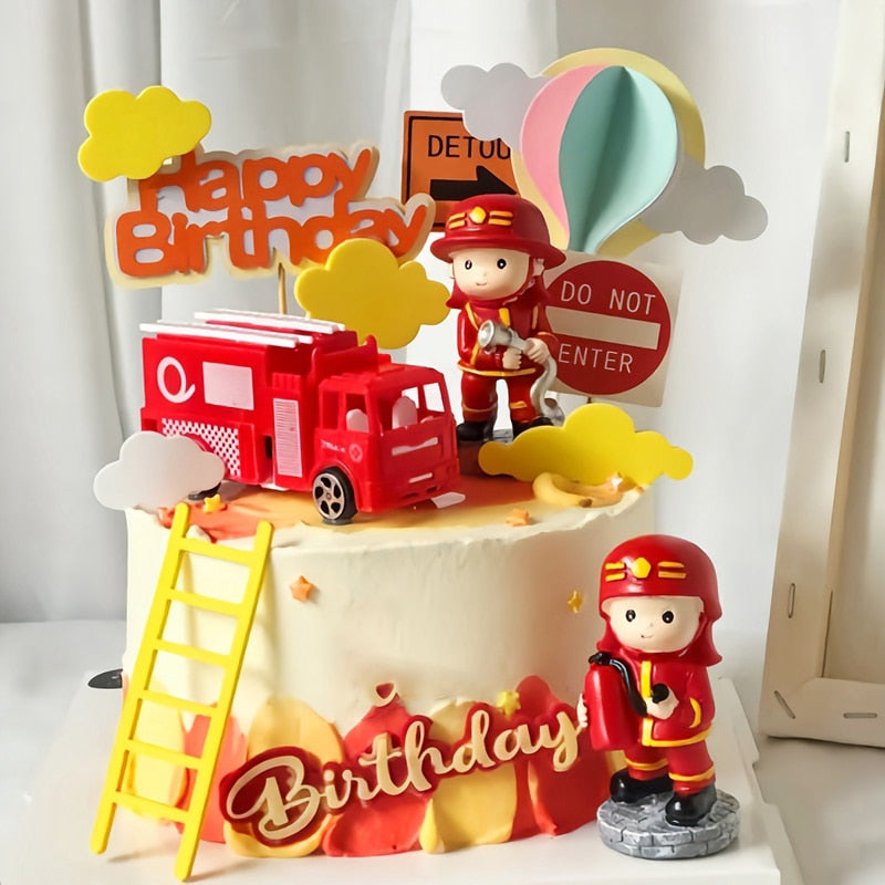 Fire Ladder Truck Fireman Cake Topper Birthday Party Water Tank Baby Shower Boy 1st One Year Happy Birthday Party Baking Gifts