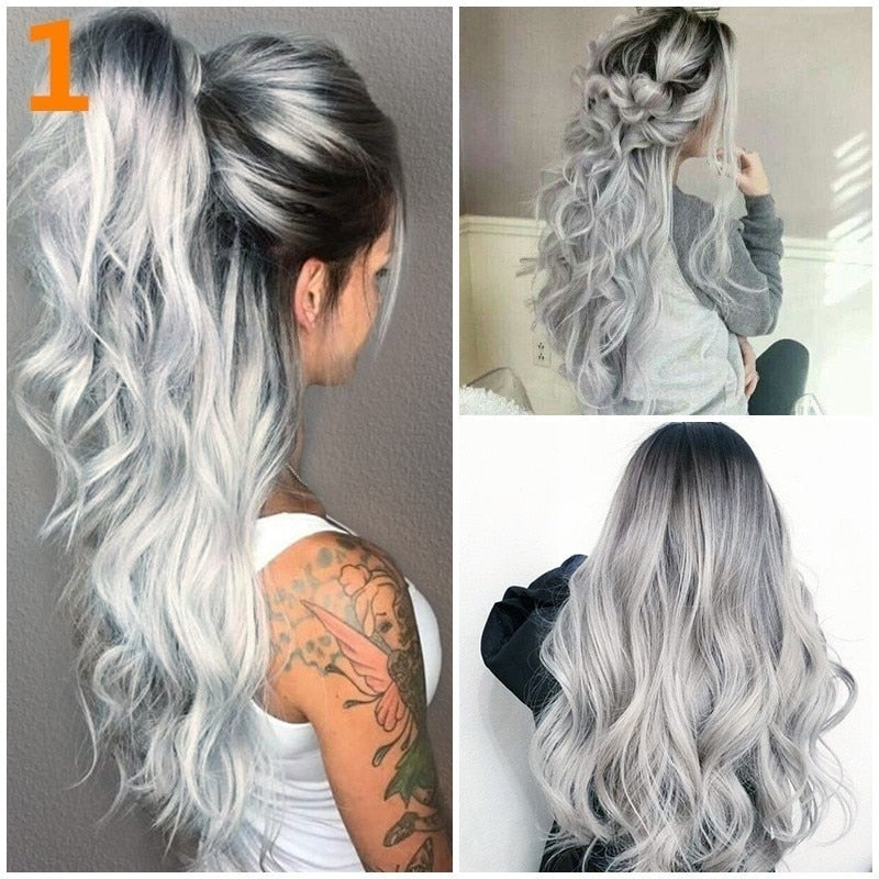 WHIMSICAL W Synthetic Long Wavy Ombre Wigs Black Gray Synthetic Wig For Women Party Cosplay Heat Resistant Hair