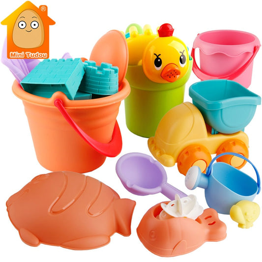 Summer Silicone Soft Baby Beach Toys Kids Mesh Bag Bath Play Set Beach Party Cart Ducks Bucket Sand Molds Tool Water Game