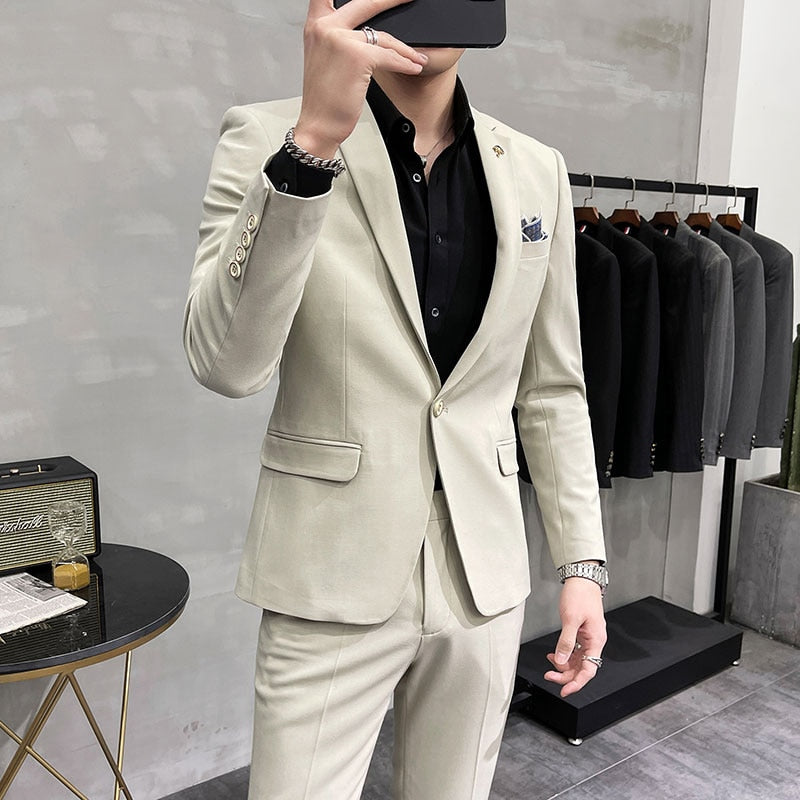 Men's Suit Jacket with Pant Formal Slim Fit Business Work Wedding Stage Tuxedo Fashion Best Men Social Dress Suit 2 Pieces Sets