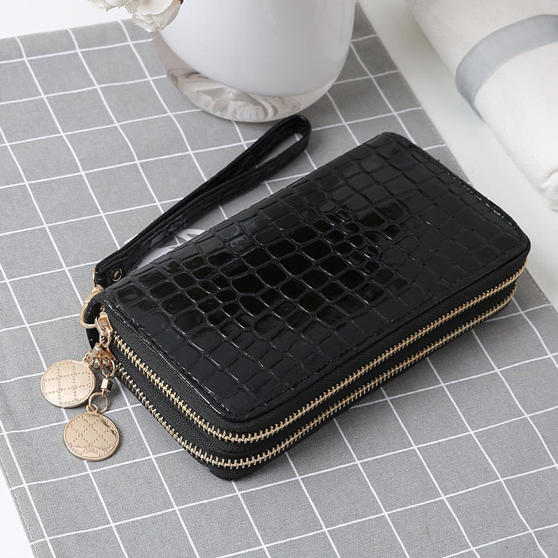 Stone Grain Leather Wallet Ladies Long Double Zipper Coin Purse Large-Capacity Patent Leather Hand Wallet Credit Card Holder