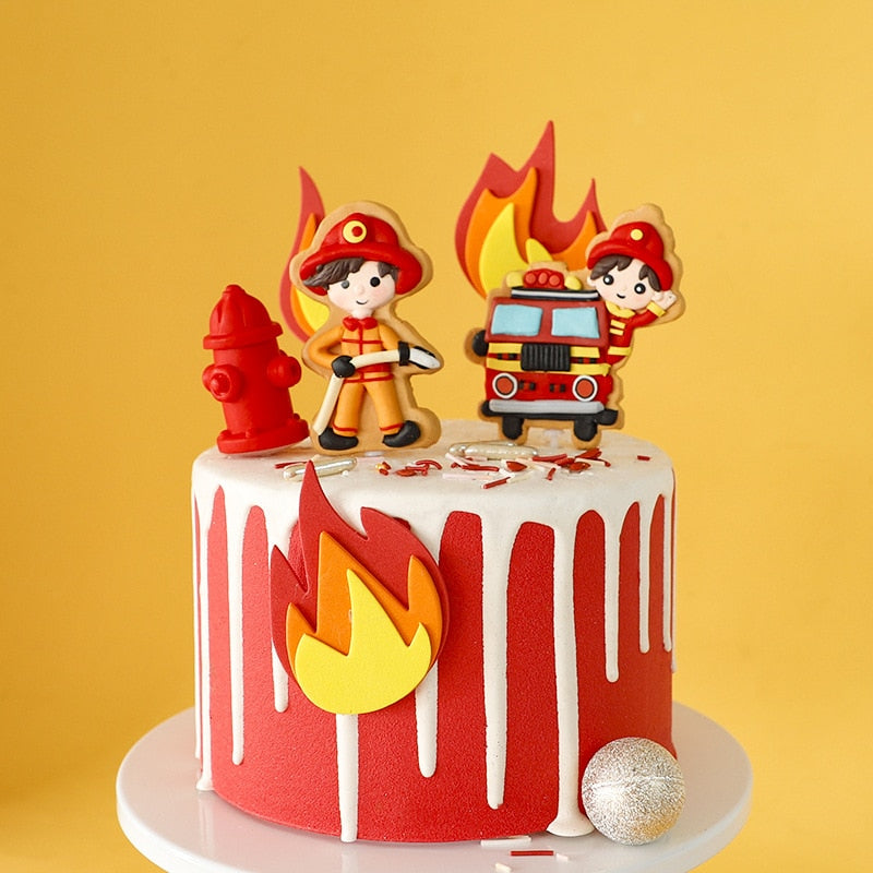 Fire Ladder Truck Fireman Cake Topper Birthday Party Water Tank Baby Shower Boy 1st One Year Happy Birthday Party Baking Gifts