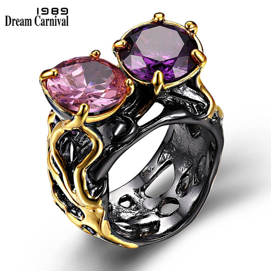 DreamCarnival 1989, diseño europeo súper grande CZ, joyería con solitario, Anillos Vintage para Mujer, Anillos para Mujer de Color negro dorado R09