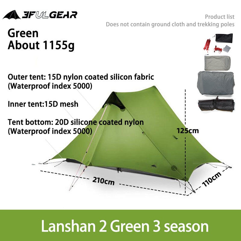 LanShan 2 3F UL GEAR Tente de Camping ultralégère extérieure pour 2 personnes et 1 personne, 3 saisons, 4 saisons, tente professionnelle sans tige en nylon argenté 15D