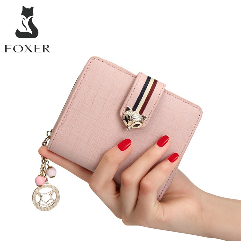 FOXER tarjetero de cuero dividido para mujer, monedero de diseñador, cartera con cremallera para niña, cartera corta de alta calidad con colgante