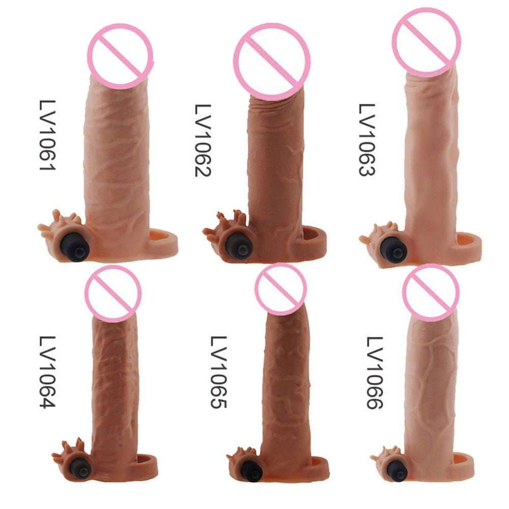 TPE Realistic Vibrating Dildo Enlargement Extender Condom with Bullet Vibrator Penis Sleeve Adult Sex Toy for Man