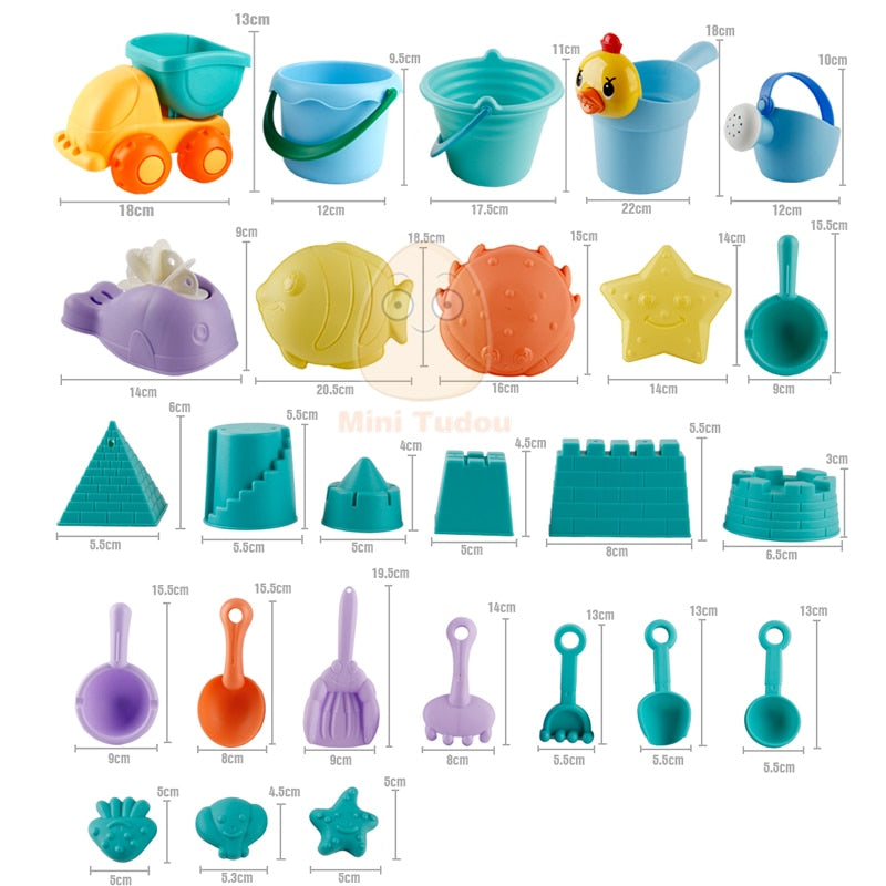 Juguetes de playa suaves de silicona para bebé, bolsa de malla para niños, juego de baño, carrito de fiesta en la playa, cubo de patos, moldes de arena, herramienta para juego de agua