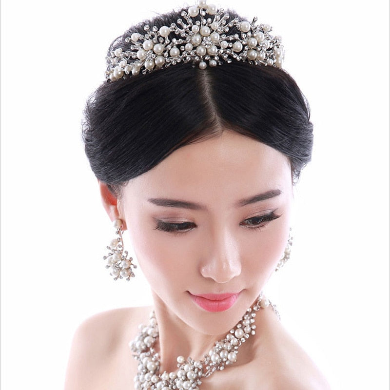 New Fashion Pearl Crown Crystal Tiara Flower Rhinestone Hair Tiaras And Crowns For Wedding Hair Accessories Women Ornaments