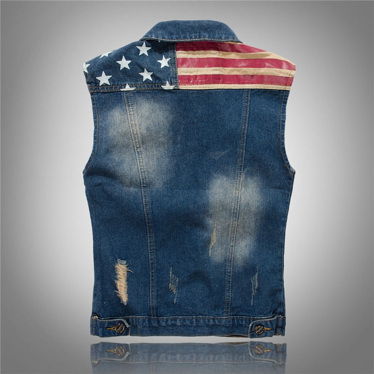 Vest Men Cowboy Ripped Sleeveless Vintage Jacket Tank Spring USA Flag washed Jeans Vest Plus Size 5XL