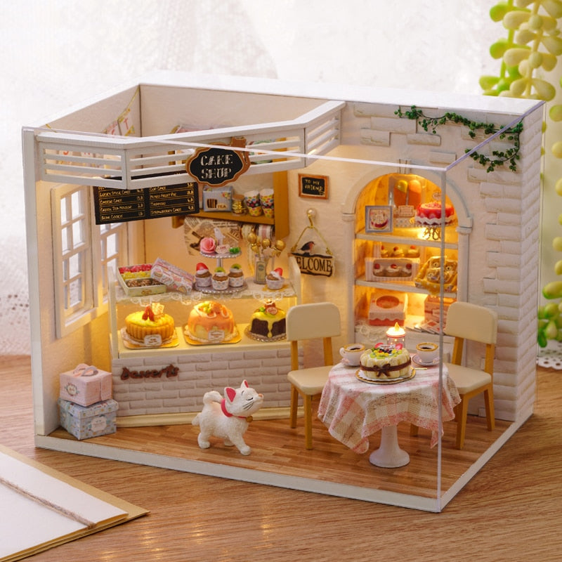 Maison De poupée avec couvercle anti-poussière, maison De poupée Miniature faite à la main, jouets De bricolage pour enfants, cadeaux d'anniversaire, gâteau De chat, journal intime H014