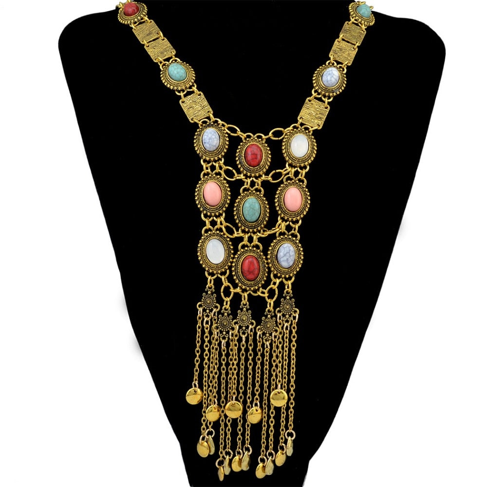 Vintage Long Chains Rhinestone Statement Necklaces For Women Tassel Pendant Drop Dangle Choker Necklace Bohemian Ethnic Jewelry