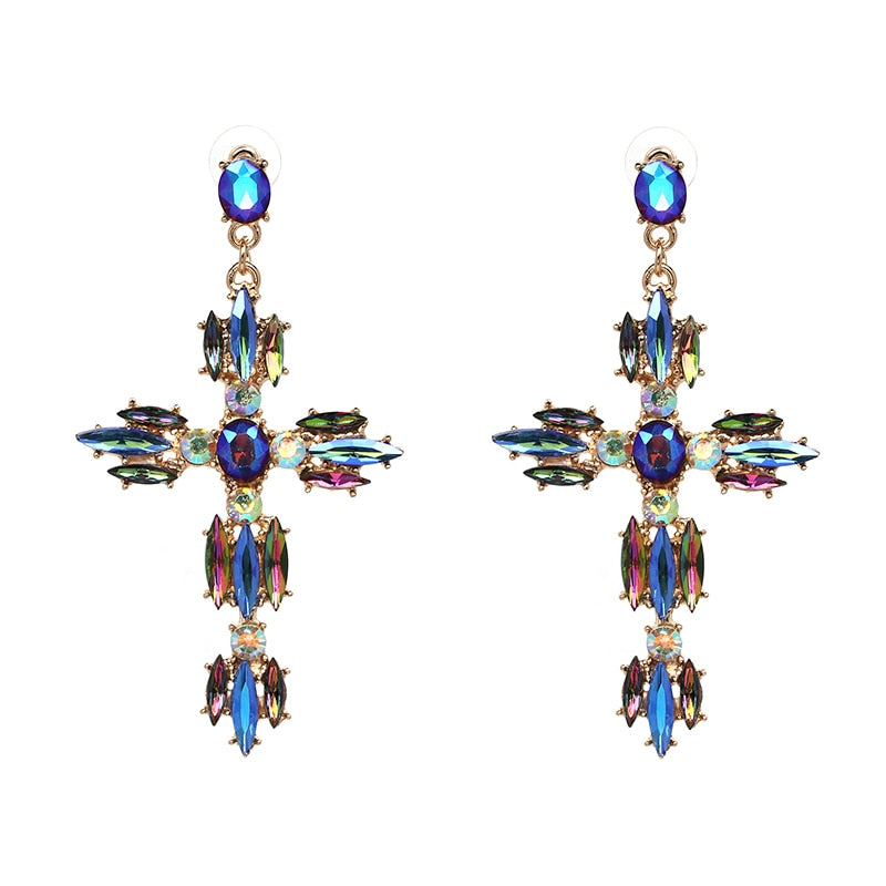 JURAN Vintage largo cristal pendiente con colgante de cruz Metal dorado con gemas pendientes góticos para mujer colgante de joyería de lujo 2023 nuevo