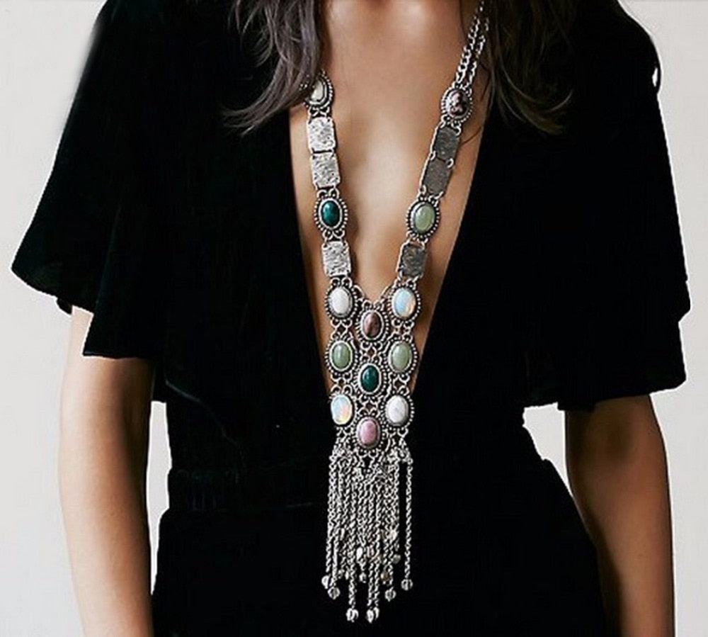 Vintage Long Chains Rhinestone Statement Necklaces For Women Tassel Pendant Drop Dangle Choker Necklace Bohemian Ethnic Jewelry