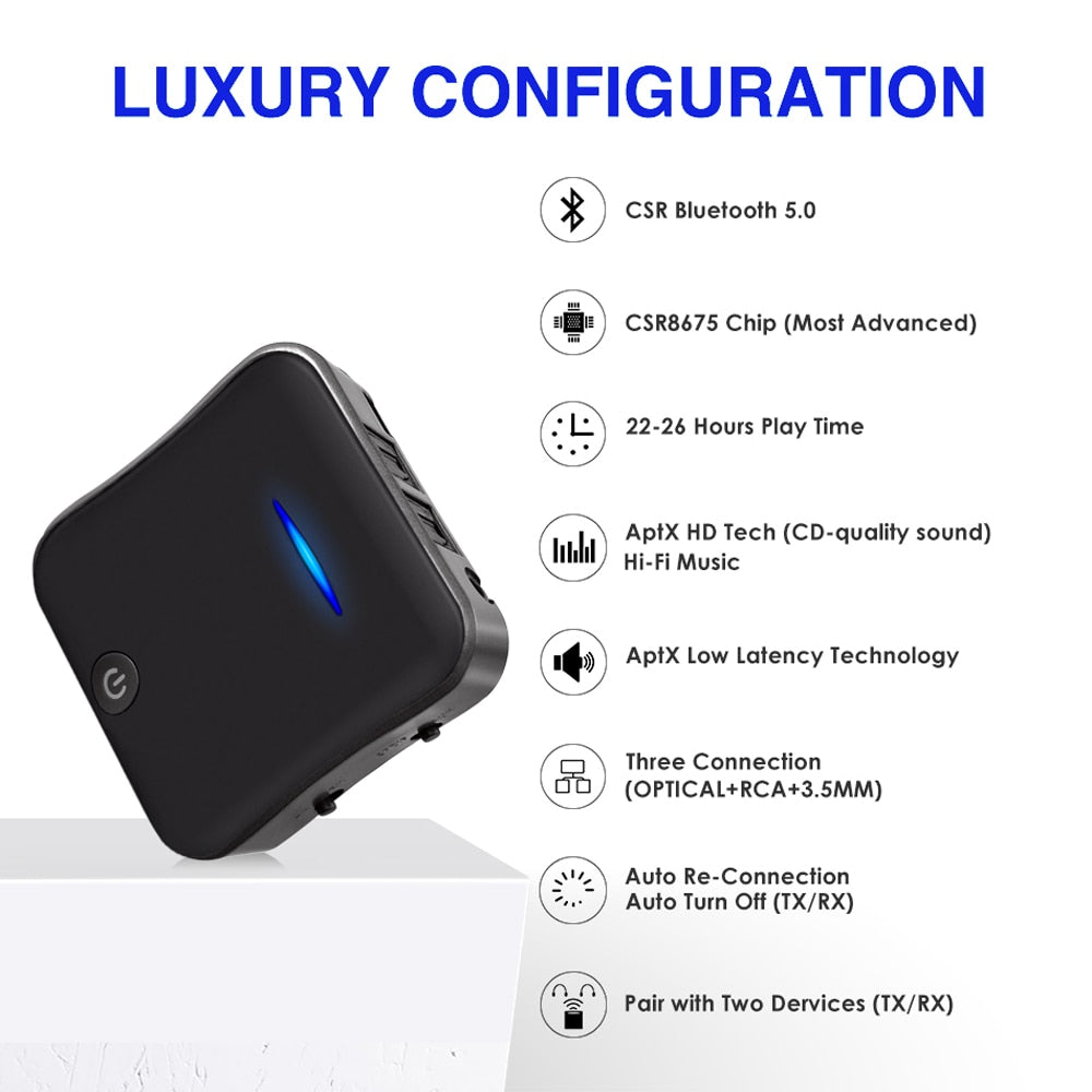 Bluetooth Transmitter Receiver 5.0 Wireless Adapter CSR8675 Aptx HD Adapter Optical Toslink/3.5mm AUX/SPDIF For Car TV Speaker