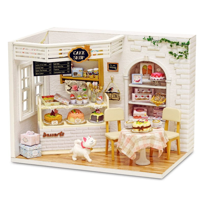 Maison De poupée avec couvercle anti-poussière, maison De poupée Miniature faite à la main, jouets De bricolage pour enfants, cadeaux d'anniversaire, gâteau De chat, journal intime H014