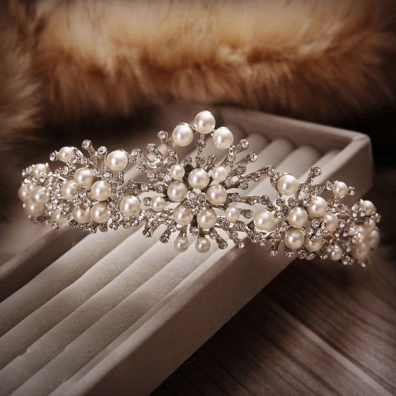 New Fashion Pearl Crown Crystal Tiara Flower Rhinestone Hair Tiaras And Crowns For Wedding Hair Accessories Women Ornaments