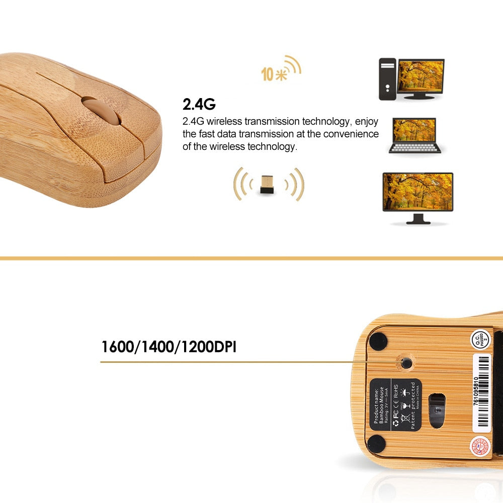 Ratón óptico inalámbrico de bambú de 2,4G, ratón de ordenador de 3 DPI ajustable con receptor USB para Notebook, PC, ordenador portátil, uso de oficina