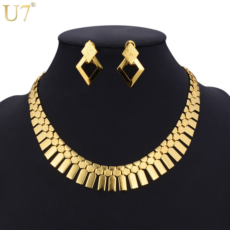 U7 hipérbole Color oro pendiente collar 2 unids/set mujeres encantos geométricos moda de lujo etíope africano Dubai bisutería