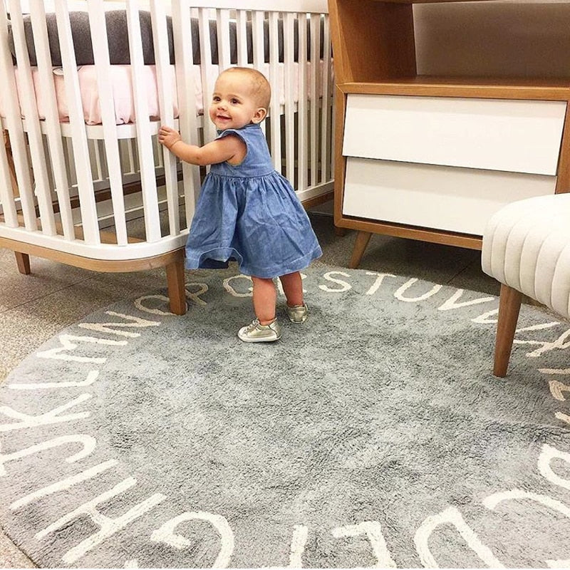 Alfombra con letras, alfombra redonda de algodón, suave, rosa, gris, área de juego para mascotas, alfombra para sala de estar, decoración para dormitorio de niños, accesorios de fotografía