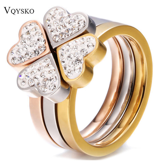 Joyería de acero inoxidable 316L, anillos de corazón únicos 3 en 1 para mujer, anillos de flores de cristal CZ sin níquel de acero quirúrgico