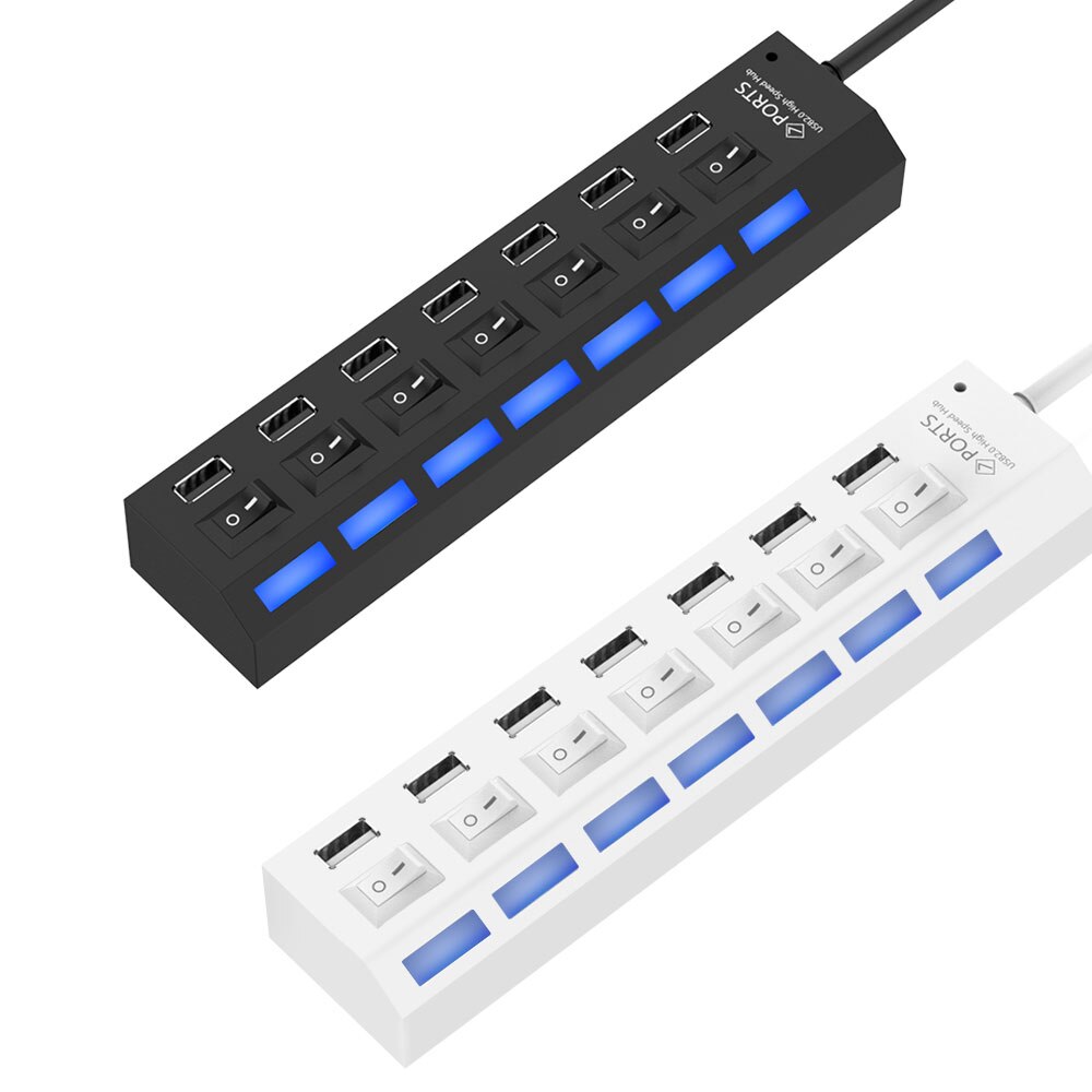 Répartiteur Micro USB Hub 2.0 à 7 ports, pour tablette, ordinateur portable, Notebook, haute vitesse 480Mbps, Hub USB 2.0 LED avec interrupteur marche/arrêt