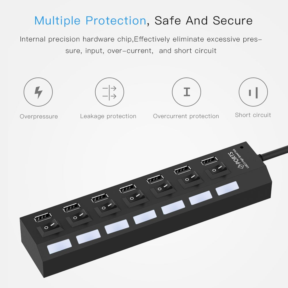 Répartiteur Micro USB Hub 2.0 à 7 ports, pour tablette, ordinateur portable, Notebook, haute vitesse 480Mbps, Hub USB 2.0 LED avec interrupteur marche/arrêt