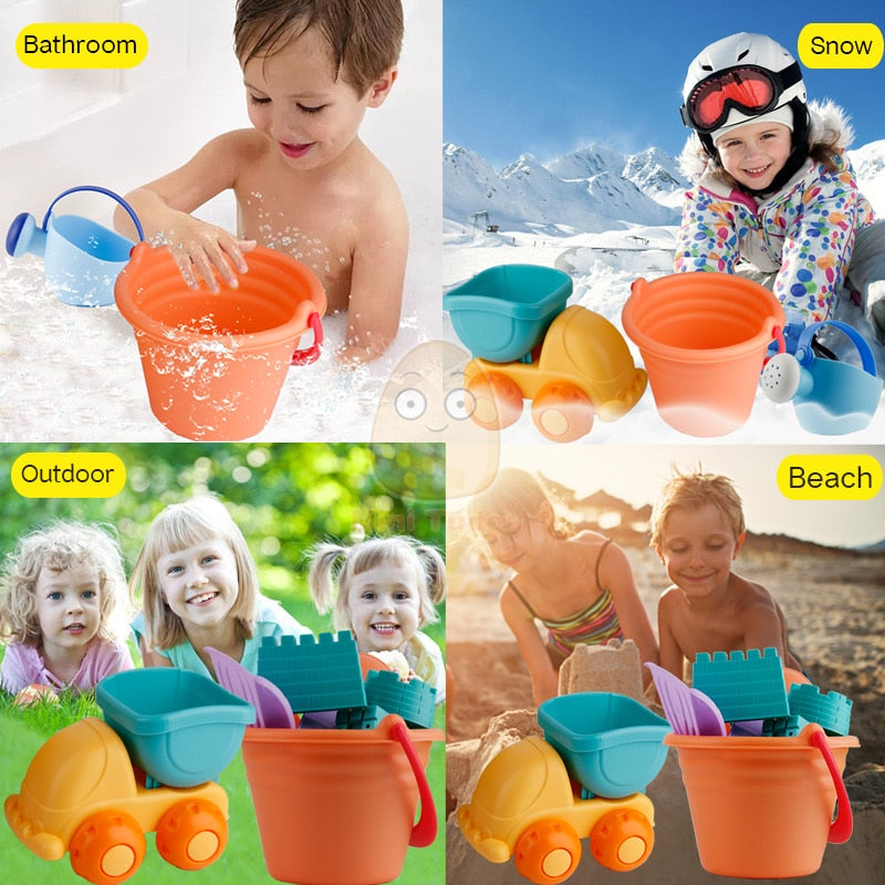 Jouets de plage d'été en Silicone doux pour bébé, sac en maille pour enfants, ensemble de jeu de bain, chariot de fête sur la plage, seau de canards, moules de sable, outil de jeu d'eau