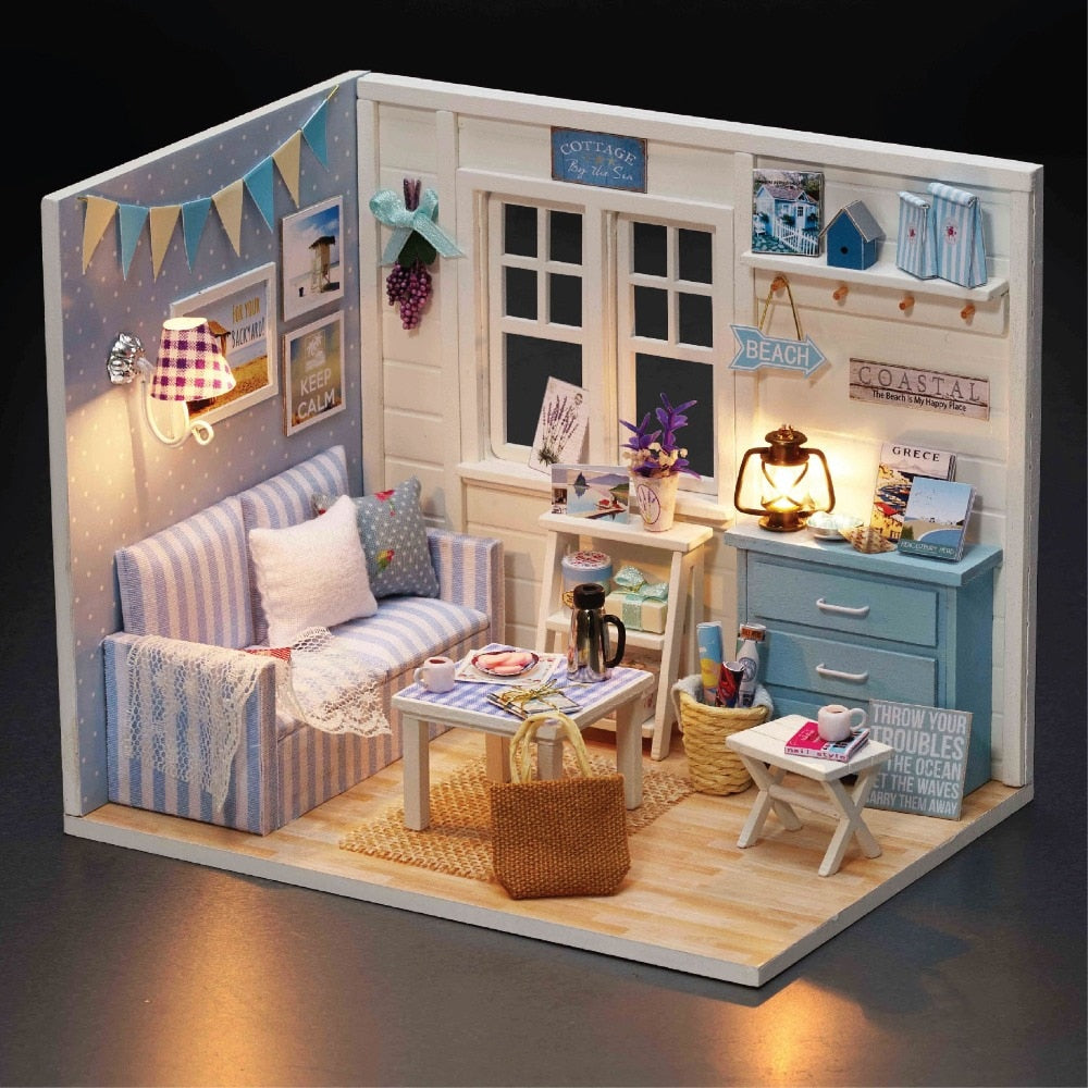 Maison de poupée miniature en bois, meubles de maison de poupée, lumières LED, Kit de construction de maison, jouets pour enfants, cadeaux d'anniversaire, bricolage