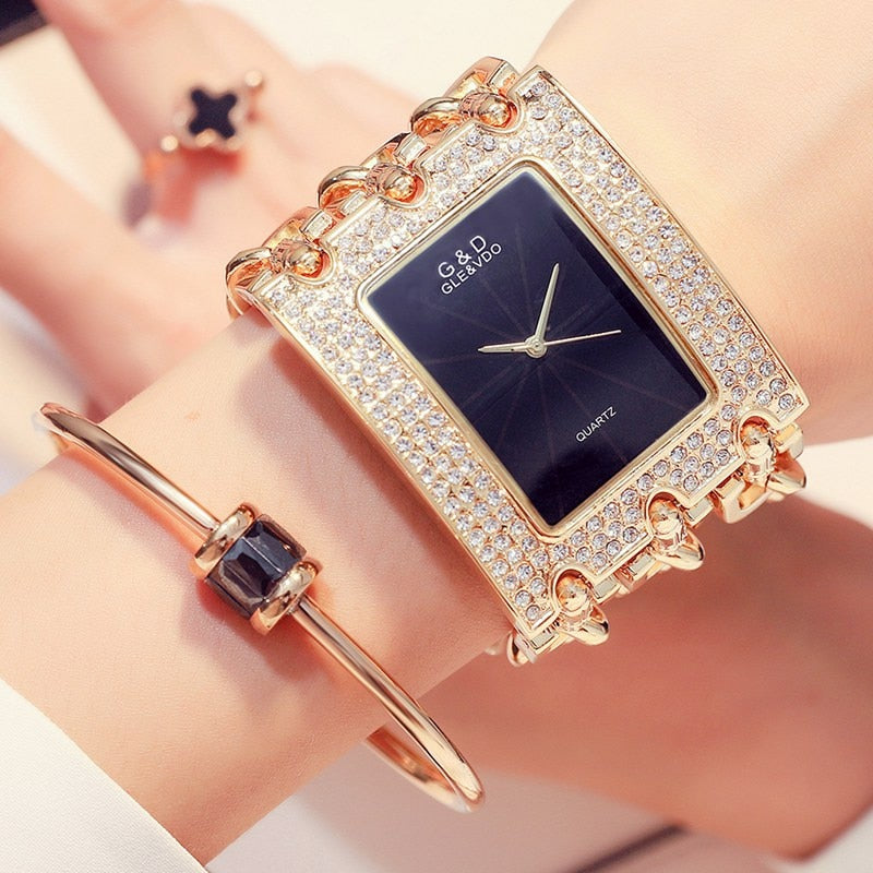 Gold/ Rose Gold / Silver Strap Watch Women Luxury Brand Hot Ladies Wristwatches Full Stainless Steel Rhinestone Quartz Watch