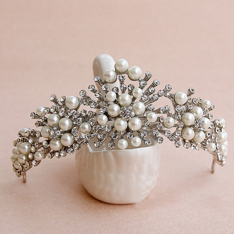 New Fashion Pearl Crown Crystal Tiara Flower Rhinestone Hair Tiaras And Crowns For Wedding Hair Accessories Women Ornaments