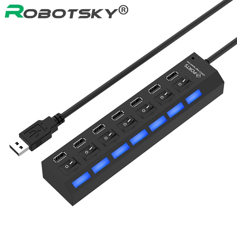 Répartiteur Micro USB Hub 2.0 à 7 ports, pour tablette, ordinateur portable, Notebook, haute vitesse 480Mbps, Hub USB 2.0 LED avec interrupteur marche/arrêt