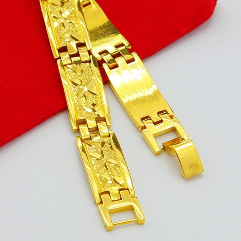 Wholesale 24k Gold Filled 12MM Watch Belt Shape Bracelet for Men 20CM Long.Fashion Pure Gold Color Men's  Jewelry