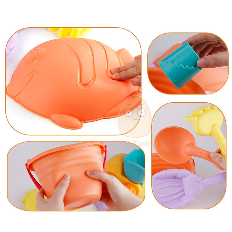 Jouets de plage d'été en Silicone doux pour bébé, sac en maille pour enfants, ensemble de jeu de bain, chariot de fête sur la plage, seau de canards, moules de sable, outil de jeu d'eau