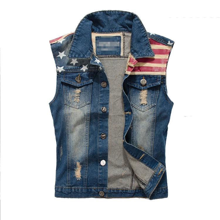 Gilet de Cowboy déchiré sans manches pour hommes, veste Vintage, débardeur, drapeau américain, jean lavé, grande taille 5XL, printemps