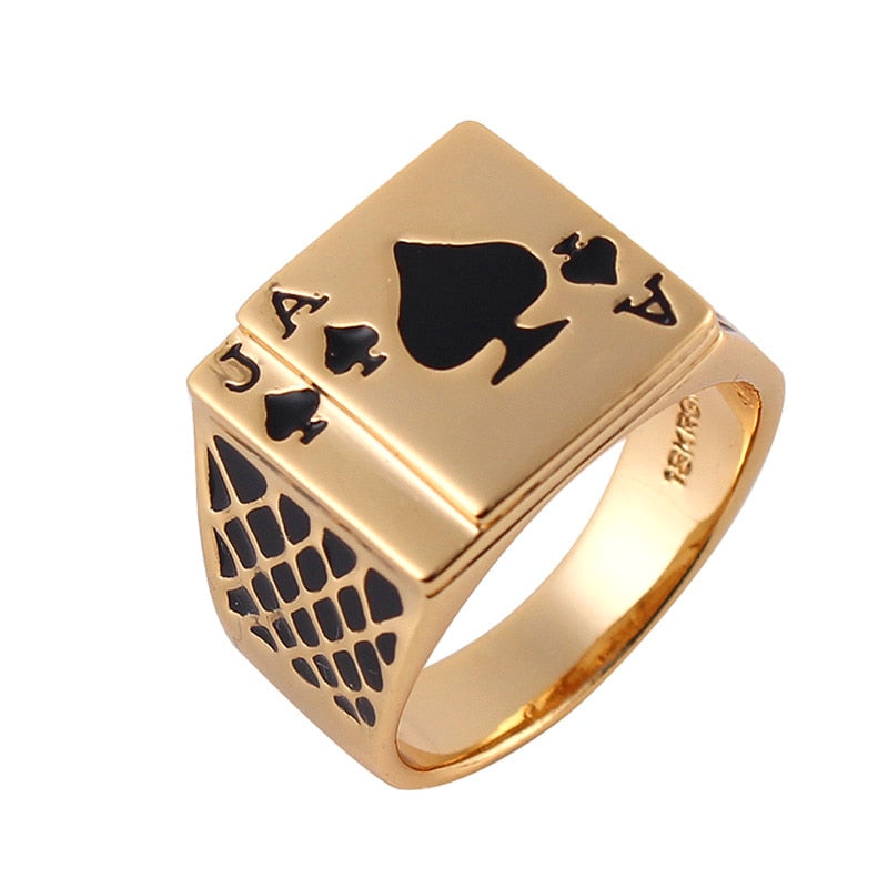 Taille 7-12 classique Cool bijoux pour hommes gros émail noir pique bague de Poker hommes couleur or