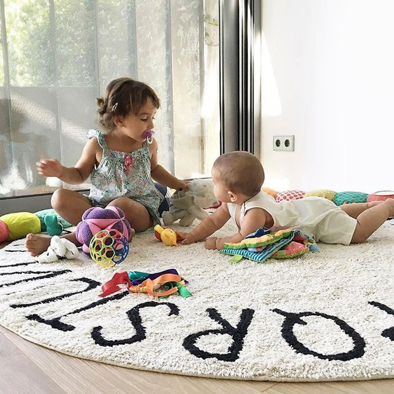 Alfombra con letras, alfombra redonda de algodón, suave, rosa, gris, área de juego para mascotas, alfombra para sala de estar, decoración para dormitorio de niños, accesorios de fotografía