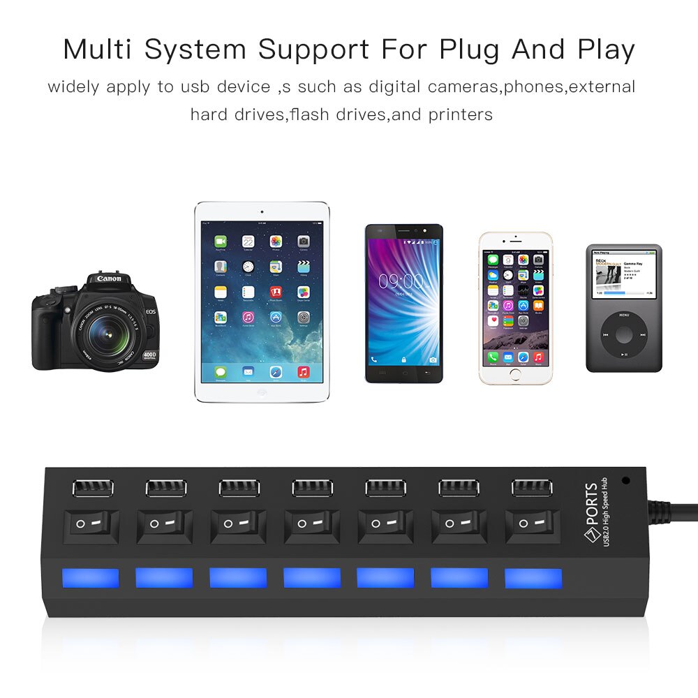 Répartiteur Micro USB Hub 2.0 à 7 ports, pour tablette, ordinateur portable, Notebook, haute vitesse 480Mbps, Hub USB 2.0 LED avec interrupteur marche/arrêt