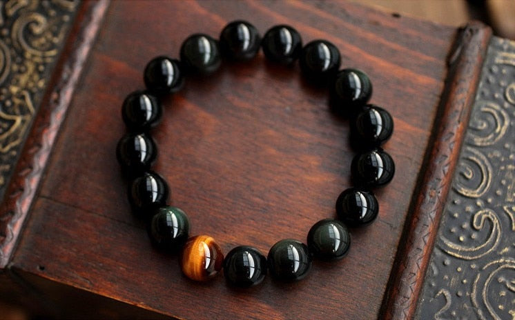 Ónix negro Natural con cuentas de piedra de ojo de tigre, pulsera de joyería para hombres, pulsera de equilibrio energético para amantes de 12 constelaciones Leo